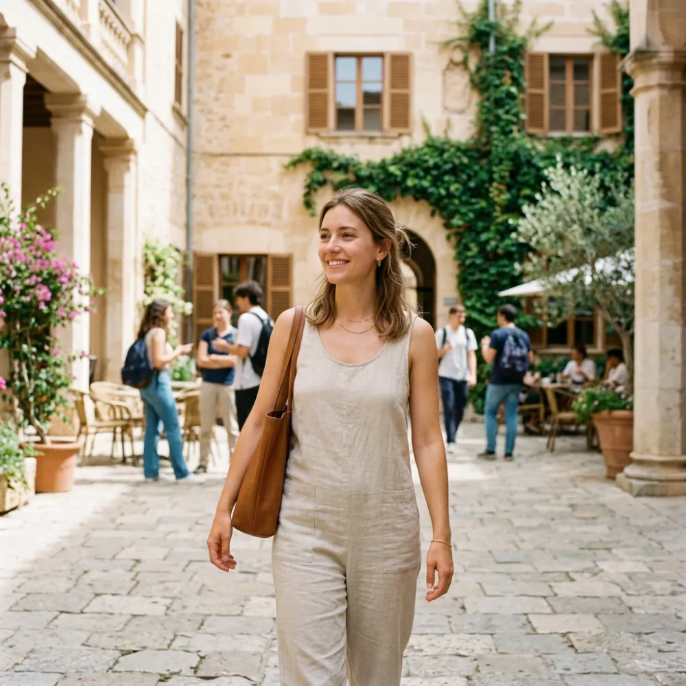Frau in sommerlicher Innenhof-Atmosphäre